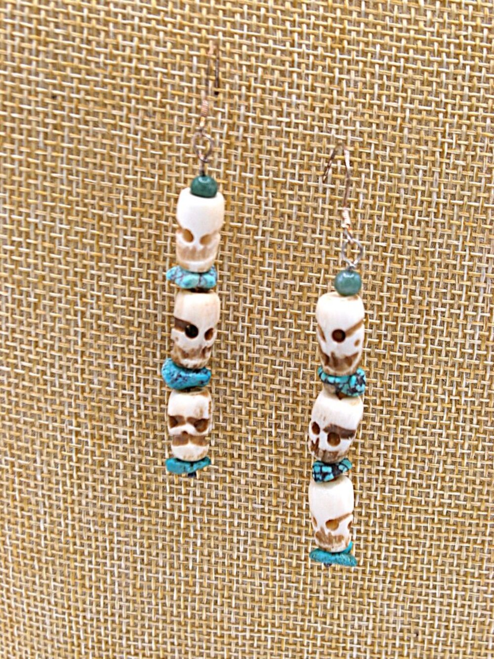 Halloween Skull and Turquoise Earrings 3" Long